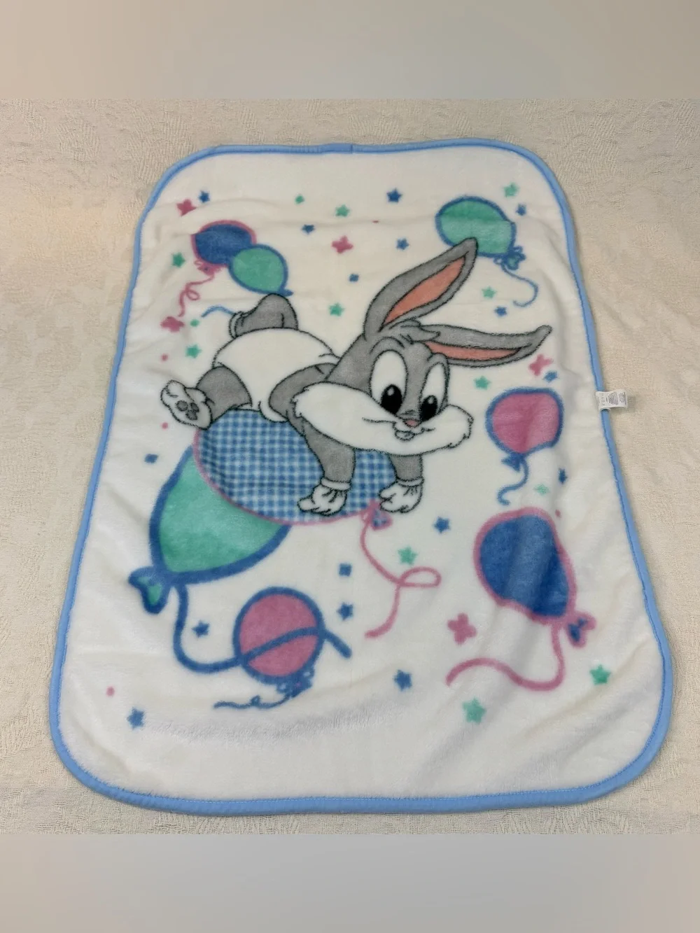 Vintage 2001 Baby Looney Tunes Bugs Bunny Balloon Plush Crib Blanket Y2K 42x30